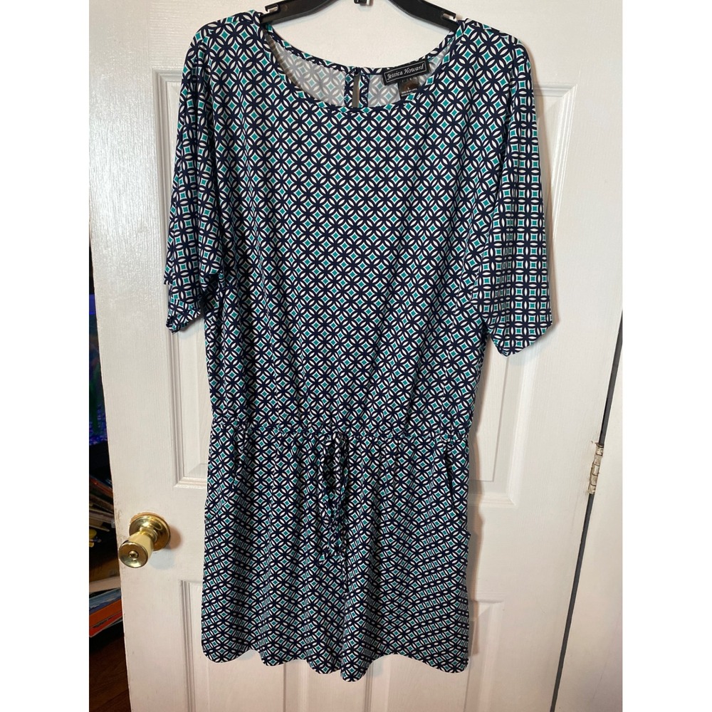 Jessica Howard Womens Romper Large Navy Teal GeometricPrint Elastic Waist Pocket